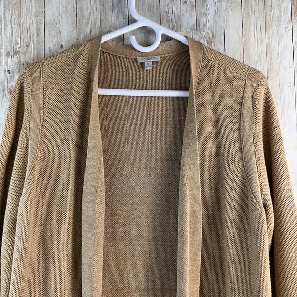 Talbots Sweater Cardigan Womens 0X Tan Gold Metallic Open Front Cotton Blend - Picture 2 of 7